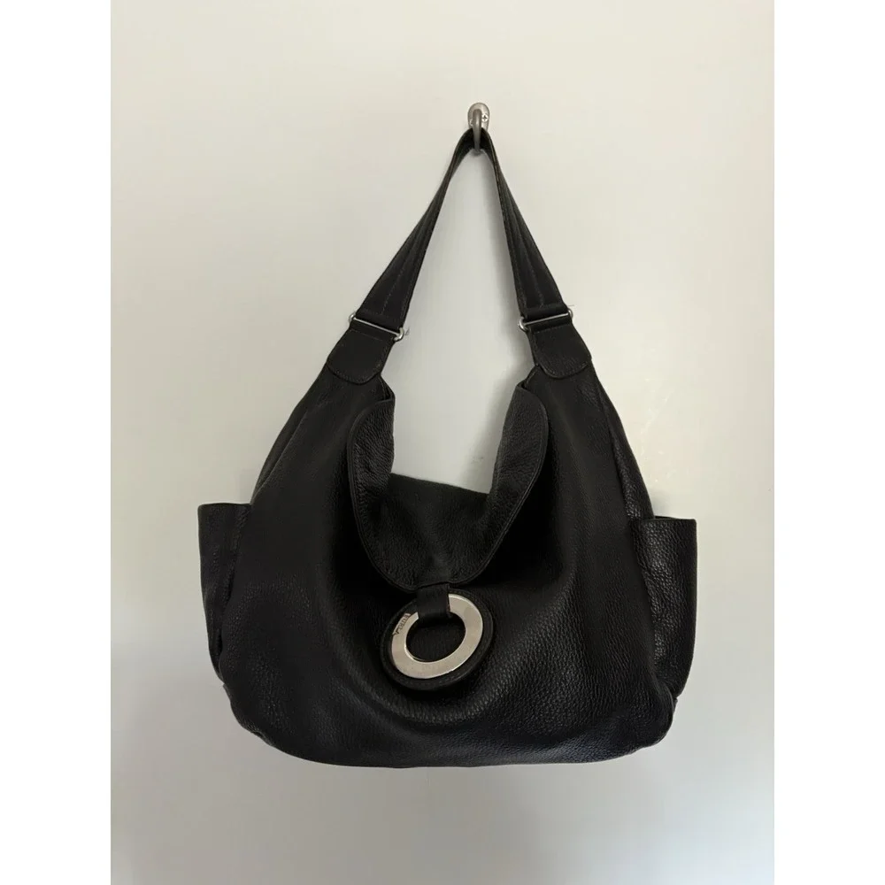 Furla Vintage Y2K Black Leather Slouchy Hobo Bag Silver Ring Logo Flap